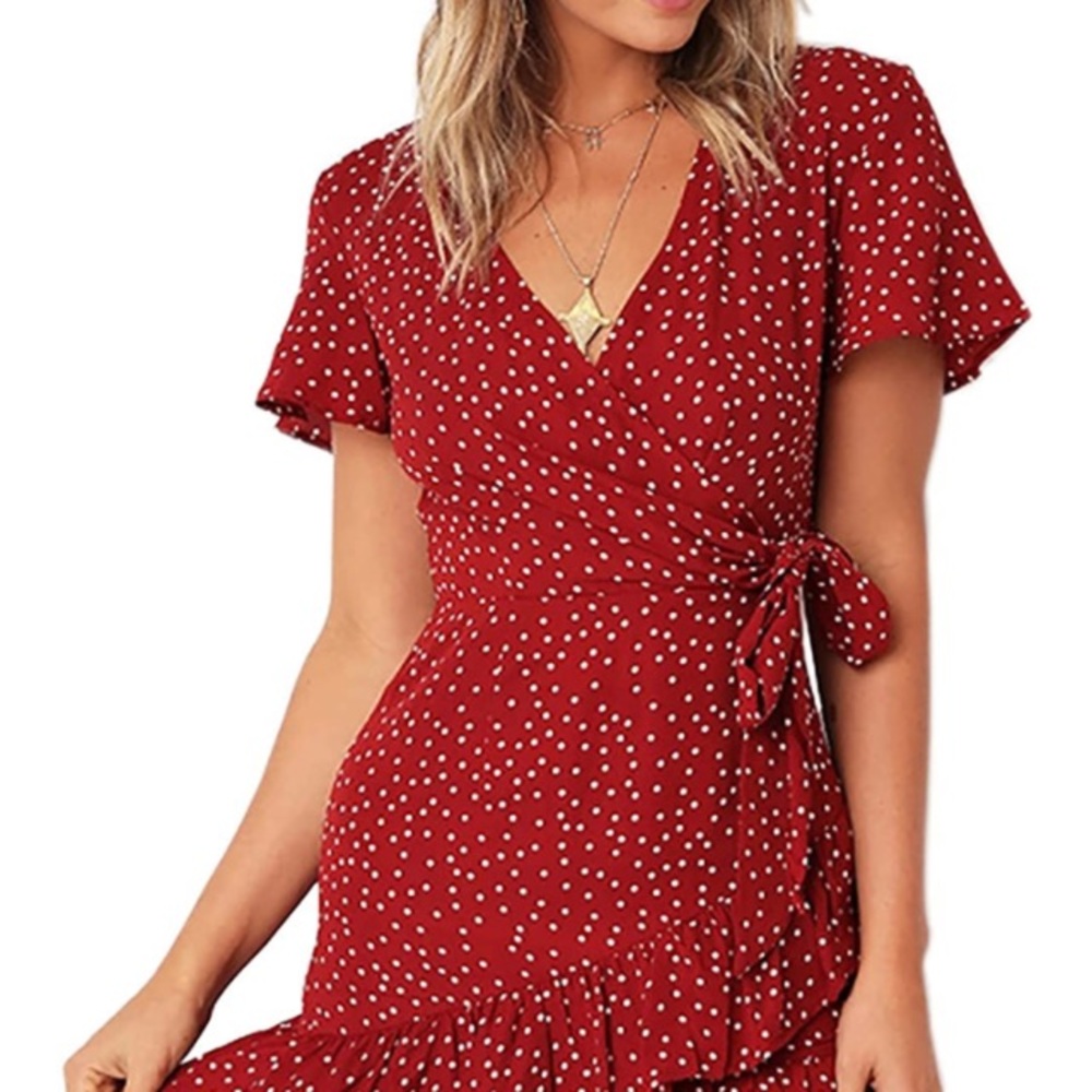 Short Sleeve Wrap Dress - Red Polka Dots